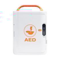 Mediana Hearton A16 Defibrillator Front A white defibrillator with the letters "AED" written on large orange text