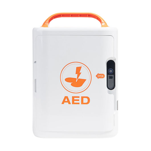A white defibrillator with the letters "AED" written on large orange text