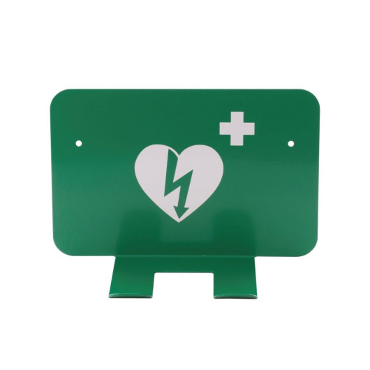 a front view of a green metal bracket to hang a defibrillator with a white heat with green lightening logo to denote a defib there is a white cross on the right of the heart to denote a piece of first aid equipment