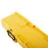 a close up of a rectangular yellow battery showing the connector to the defibrillator