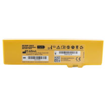 Mmdtbat4 Defibtech Lifeline View Ecg Pro 4 Year Battery Front a yellow rectangular battery with black writing stating Defibtech as the brand, there are serial number and expiry date barcodes show in black and white