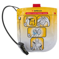 a front image of the adult pads for Defibtech lifeline view, ecg, and pro defibrillators with pictorial instructions on how to use them