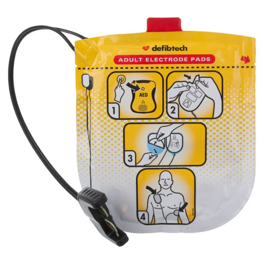 a front image of the adult pads for Defibtech lifeline view, ecg, and pro defibrillators with pictorial instructions on how to use them
