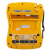 The back of a yellow and black defibrillator with user instructions and serial numbers