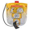 a yellow and white foil packet with red text stating adult defibrillator pads