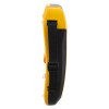 The side of a yellow and black defibrillator