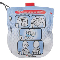 Mmdtvpae Defibtech Lifeline View Ecg Pro Paediatric Defibrillator Pads Front a front image of the paediatric defibrillator pads for the defibtech lifeline view, ecg, and pro defibrillators showing the pictorial instructions on how to use the pads