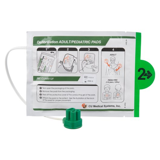 ipad nfk200 dual adult paediatric electrode pads showing the front of the packaging with instructions and illustrations