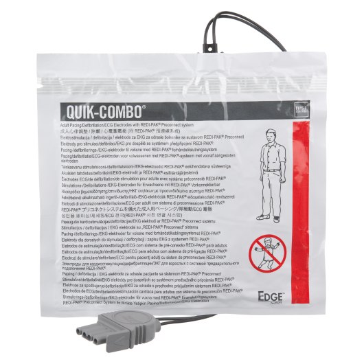 Physio Control Lifepak 1000 500 Edge system defibrillator pads preconnect showing the front of the packaging with text and a figure