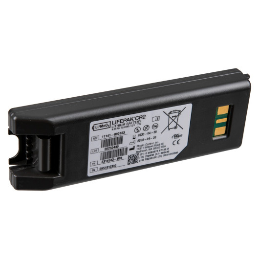 Physio control lifepak cr2 replacement battery at an angle showing the manufacturer label