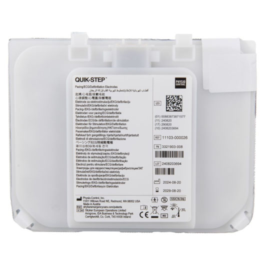 a front shot of the Lifepak CR2 Defibrillator pads showing the technical information for the electrodes
