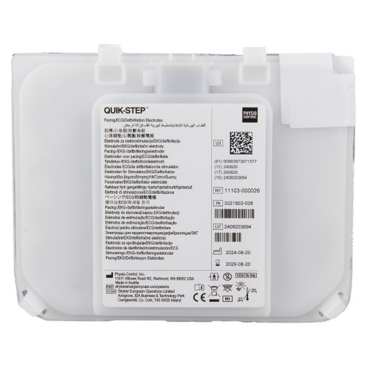 Back view of physio control lifepak cr2 adult paediatric defibrillator pads showing label and packaging details