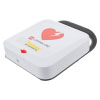 a white square shaped trainer unit mimicking the physio-control lifepak cr2 defibrillator with black handle