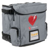 an angled view of the grey bag for the lifepak cr2 trainer unit with zip compartments and additional pockets for extra accessories