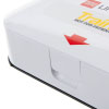 a close up view of the latch in white on the front edge of the trainer unit with a red arrow indicating its location