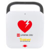 a front view of the white lifepak cr2 trainer unit with a red heart with a lightening bolt through it and yellow text saying TRAINER