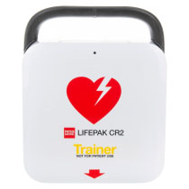 Pccr2Tru Physio Control Likepak Cr2 Trainer Unit Front a front view of the white lifepak cr2 trainer unit with a red heart with a lightening bolt through it and yellow text saying TRAINER