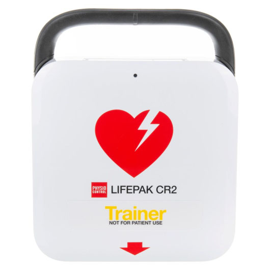 a front view of the white lifepak cr2 trainer unit with a red heart with a lightening bolt through it and yellow text saying TRAINER
