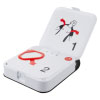 an open view fo the trainer showing step-by-step instructions on what the rescuer should do with a red shock button