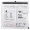 a back view of the electrode pads in a white square packaging showing technical information and pictorial instructions explaining how to use the pads