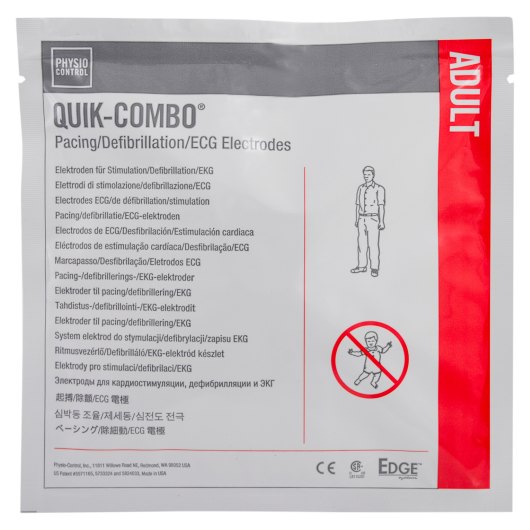 Front view of physio control quik combo defibrillator pads packaging labelled adult in red panel