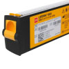 an angled image of a black rectangular battery with a yellow label on the front with black writing showing the product name lifepak 1000, the manufacture address, and care symbols for safe disposal of a lithium battery
