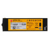 the front of a black rectangular battery with a yellow label on the front with black writing showing the product name lifepak 1000, the manufacture address, and care symbols for safe disposal of a lithium battery
