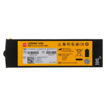 the front of a black rectangular battery with a yellow label on the front with black writing showing the product name lifepak 1000, the manufacture address, and care symbols for safe disposal of a lithium battery