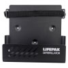 a black bracket with white writing stating Lifepak Defibrillator to keep a lifepak 1000 defibrillator in with a black strap and yellow buckle to keep a lifepak 1000 defibrillator in with a black strap