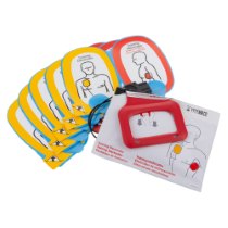Physio Control Lifepak Adult Quik Pak Training Pads 5 Pairs Physio control lifepak adult quik pak training pads showing 5 pairs of electrode pads and a red plastic handle accessory