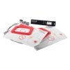 lifepak cr plus charge pak and two electrode pad kit showing two electrode pads in sealed packs and a black charge pack