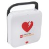 physio control lifepak cr2 usb fully automatic defibrillator with handle shown at an angled view with a white case and red heart logo