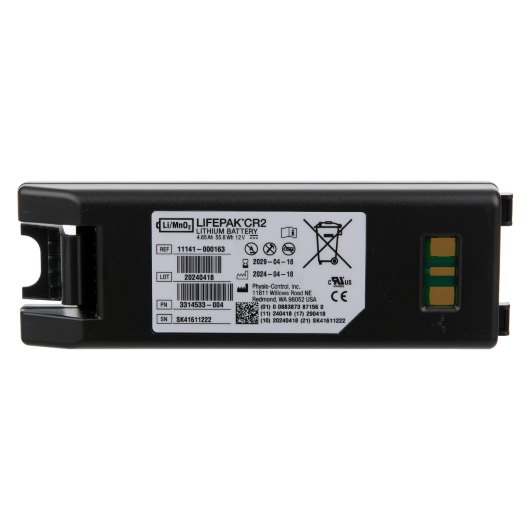 Physio Control Lifepak Cr2 Usb Fully Automatic Defibrillator With Handle battery for physio control lifepak cr2 usb fully automatic defibrillator with handle showing label and contacts
