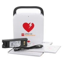 Pclpcr2Efaedlifepak Cr2 Usb Defibrillator With Handle Contents A white defibrillator with a red logo and all of its contents