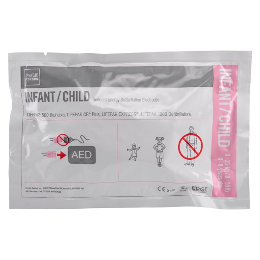 physio control paediatric pads in packaging showing front with infant and child illustrations and AED instructions
