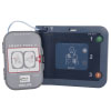 A light and dark blue defibrillator with a set of grey and white electrode pads connected