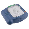 A blue defibrillator with a white front showing a pull tab to open the unit