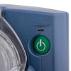 A close-up of a green power button on a blue defibrillator