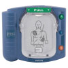 A blue defibrillator with a white front showing a pull tab to open the unit