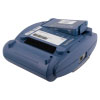 The back of a blue defibrillator with the battery partially removed