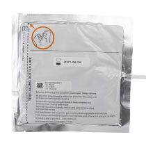 Powerheart Aed G3 Plus Defibrillator Replacement Pads Packet Rear Straight a square silver foil packet containing a pair of adult electrodes for the Powerheart AED G3 Plus Defibrillator