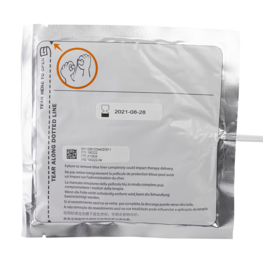 a square silver foil packet containing a pair of adult electrodes for the Powerheart AED G3 Plus Defibrillator