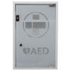 the front of a rectangular cabinet with opaque glass with a large cross that is see through and a heart and AED underneath. there is a silver coloured key lock and metal hinges top and bottom 