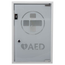 the front of a rectangular cabinet with opaque glass with a large cross that is see through and a heart and AED underneath. there is a silver coloured key lock and metal hinges top and bottom 