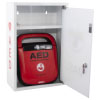 a white rectangular cabinet with the door open showing a red A15 mediana branded defibrillator with a shelf above it for additional storage