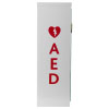 a side view of a rectangular metal cabinet in red there is a heart with the lightening symbol inside it and below are the letter A E D