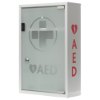 Angled full view of the mediana glass fronted cabinet with frosted glass door and white frame showing AED markings