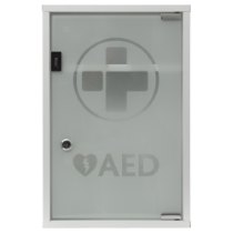 mediana glass fronted cabinet showing a frosted glass door with a first aid symbol and AED text visible