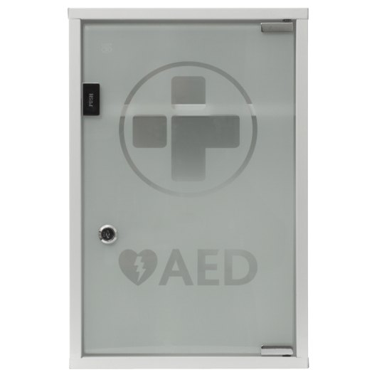 Mediana Glass Fronted Cabinet mediana glass fronted cabinet showing a frosted glass door with a first aid symbol and AED text visible