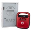 mediana hearton a15 defibrillator wall cabinet with alarm shown angled next to a red automated external defibrillator unit